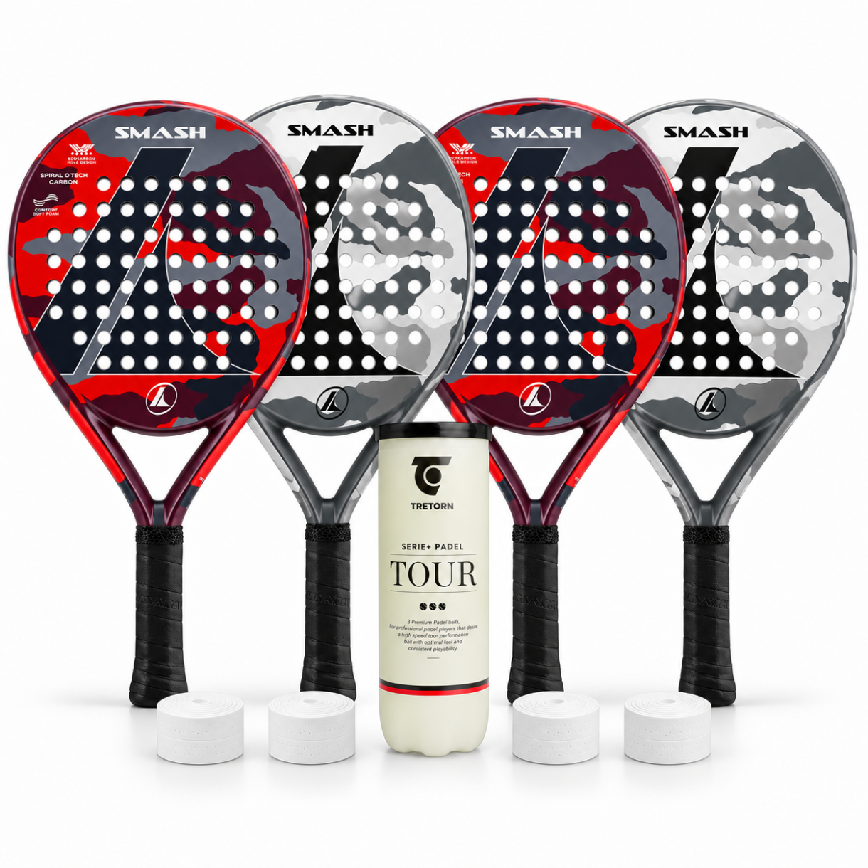 Padel Startpakke til 4 - 4 begynderbat, 1 rør bolde og 4 monterede overgrips